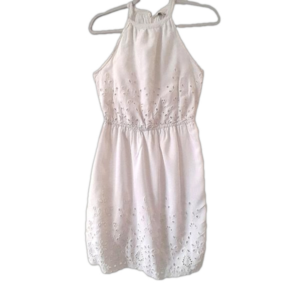 Sim & Sam White Eyelet Halter Lined Mini Dress  Sz S EUC